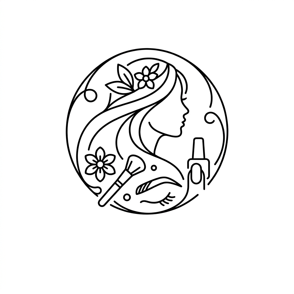 Logo showing a stylized woman’s profile with flowers, makeup brush, eyebrow, eyelash, and nail polish bottle