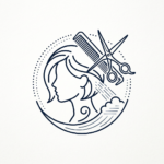 Woman's profile with hair, scissors, and comb symbolizing hairstyling