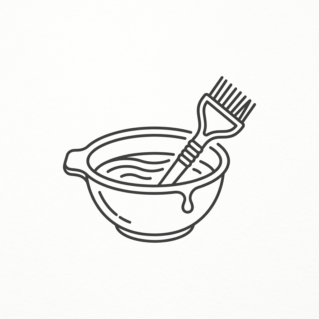 Mixing bowl with hair dye and applicator brush