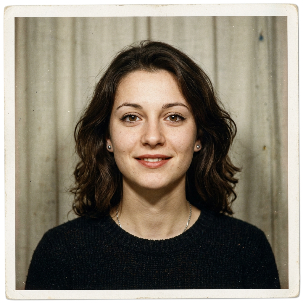 Young woman smiling with brown hair and dark sweater in front of beige curtain